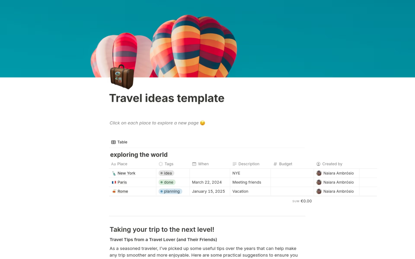 Travel ideas template for Notion