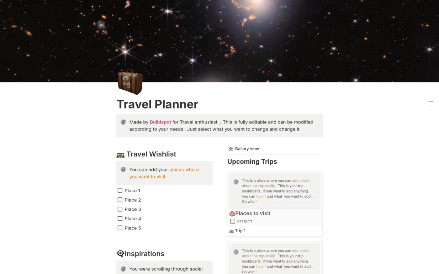 Advanced travel template by Notion