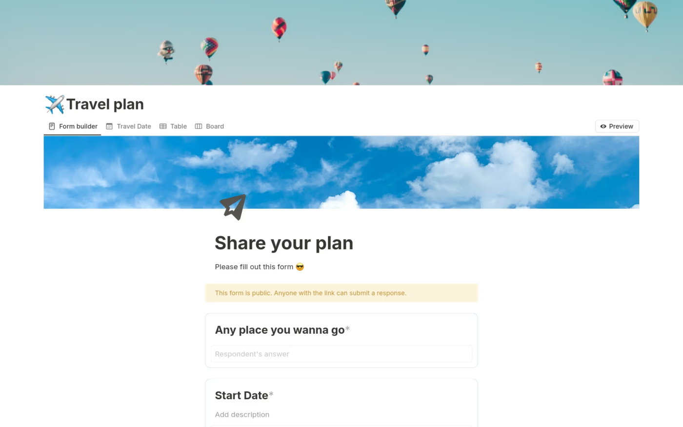 Notion travel template for plan sharing
