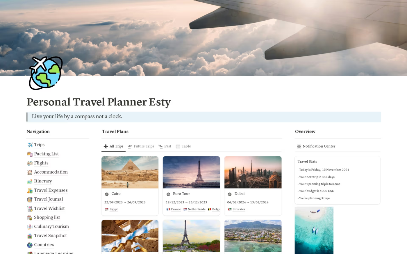 Notion template for travel vlogger