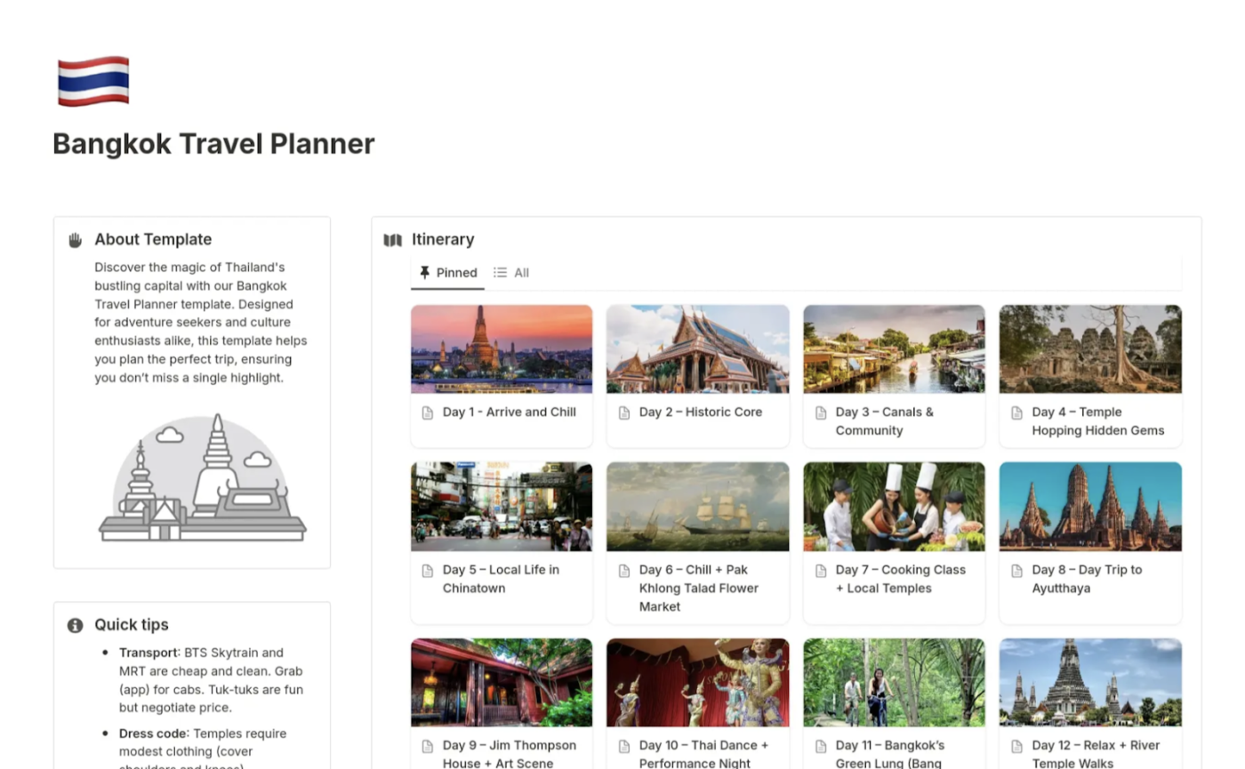 Travel planner for Bangkok in Notion
