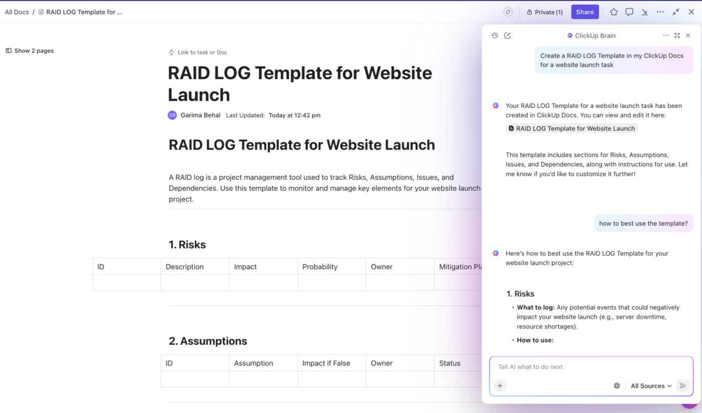 Create a RAID log template using ClickUp Brain