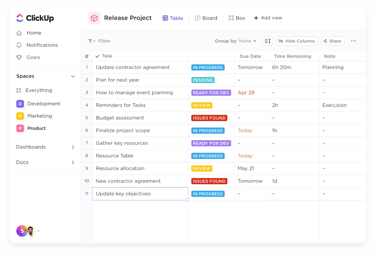 ClickUp Vue Tableur