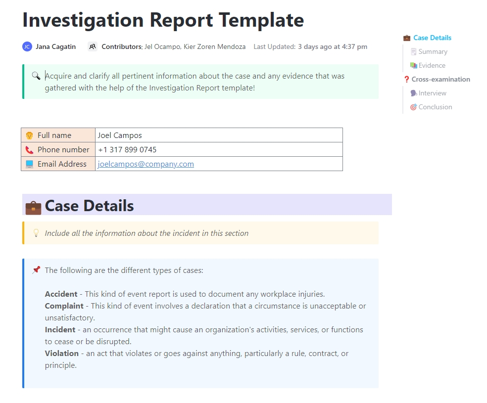 ClickUp Investigation Report Template