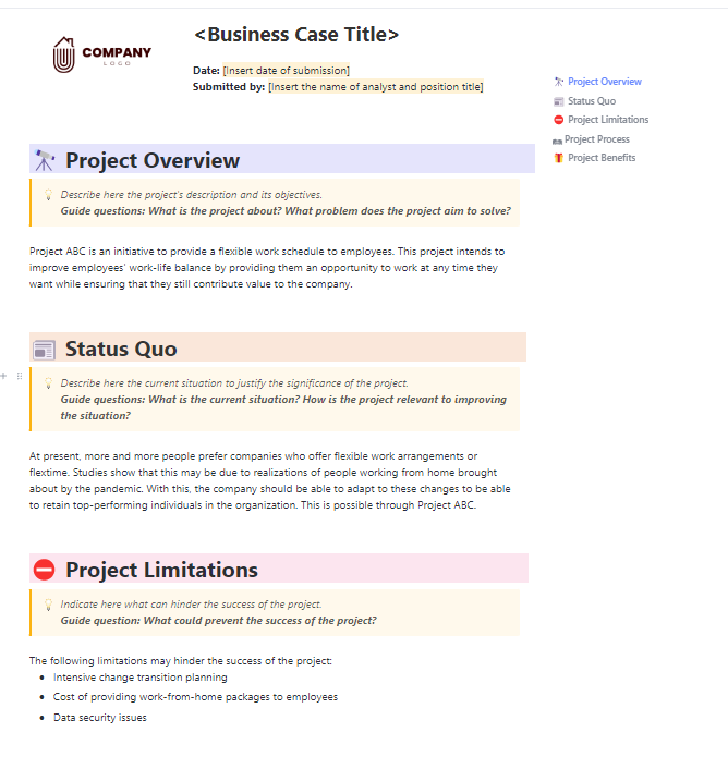ClickUp Business Case Analysis Template to present data-back