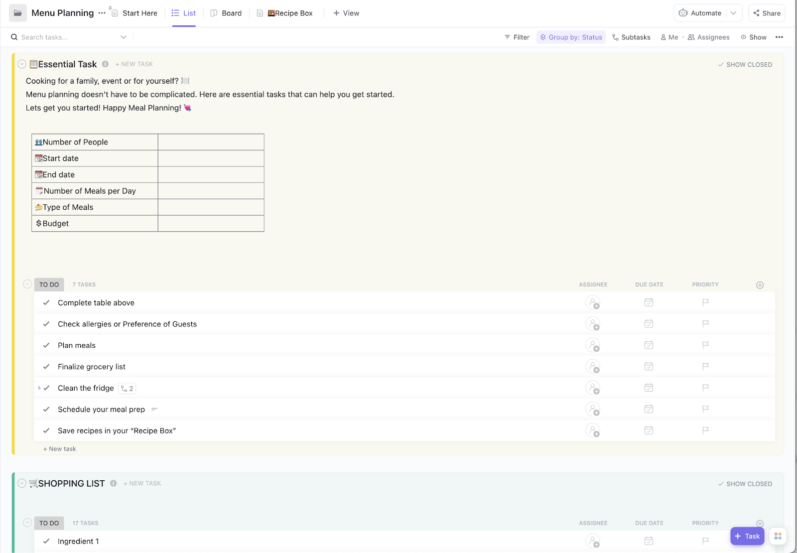 ClickUp Menu Planning Template