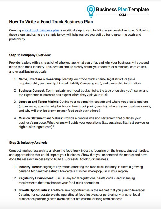 PDF Food Truck Business Plan Template