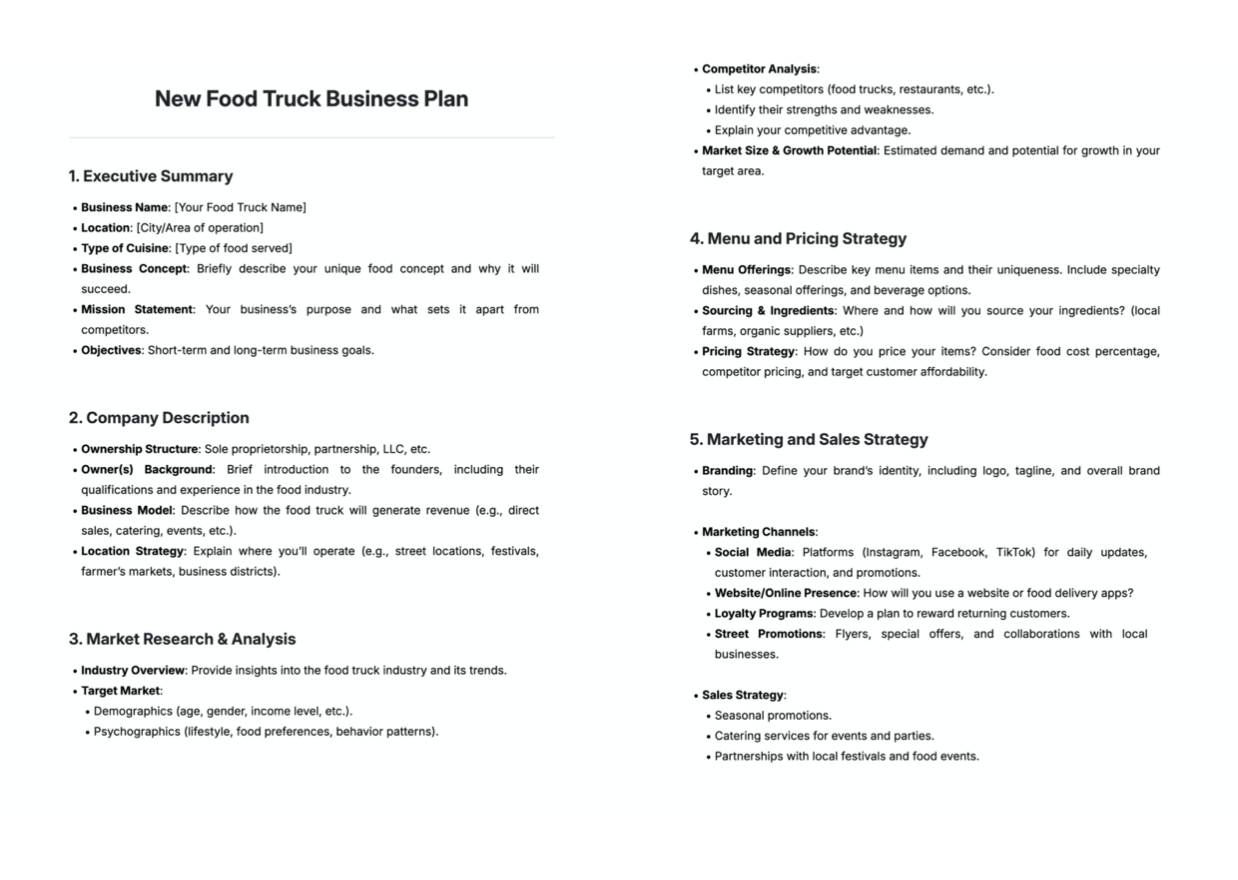 New Food Truck Business Plan Template