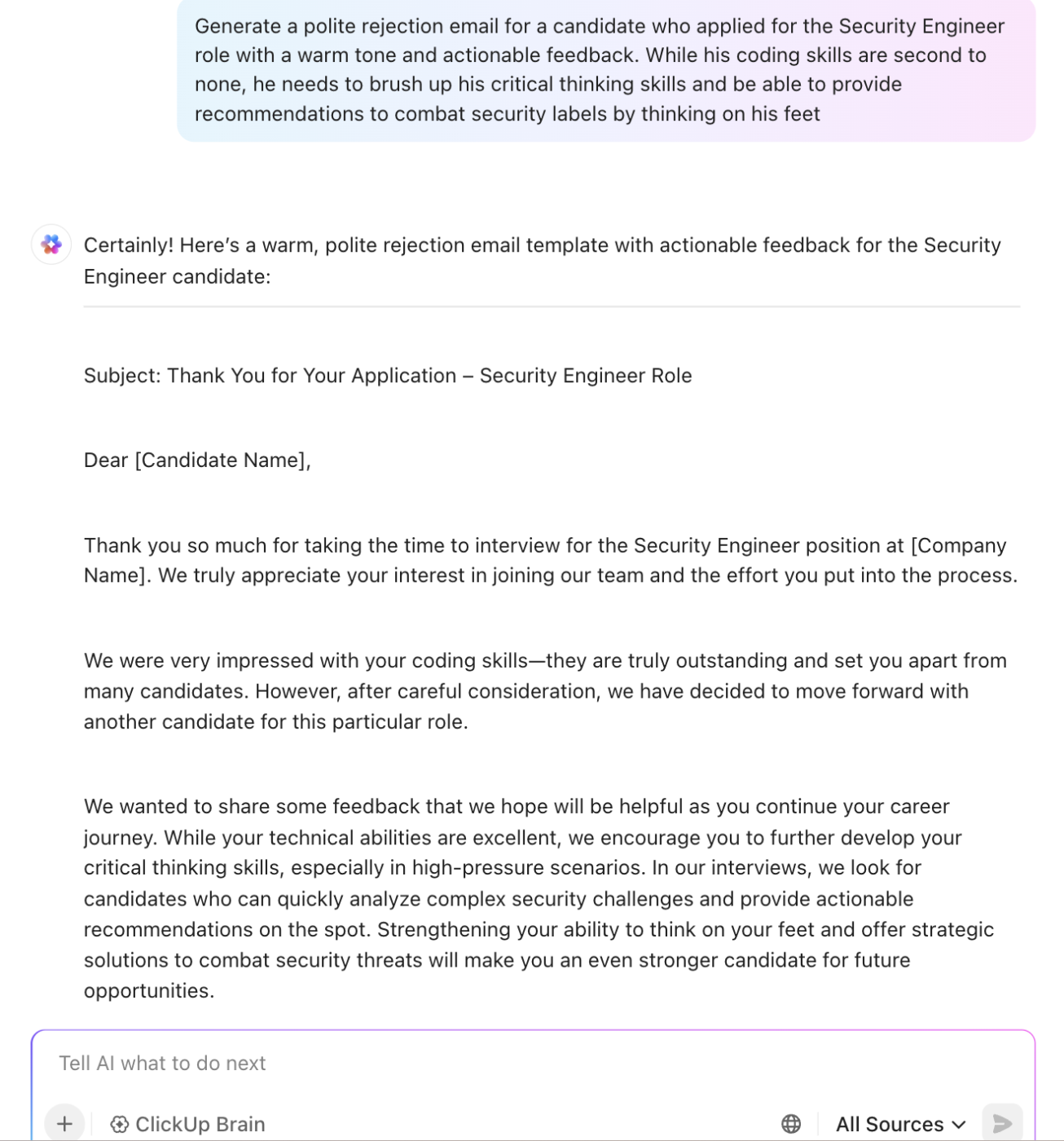 ClickUp Brain recruitment rejection letter