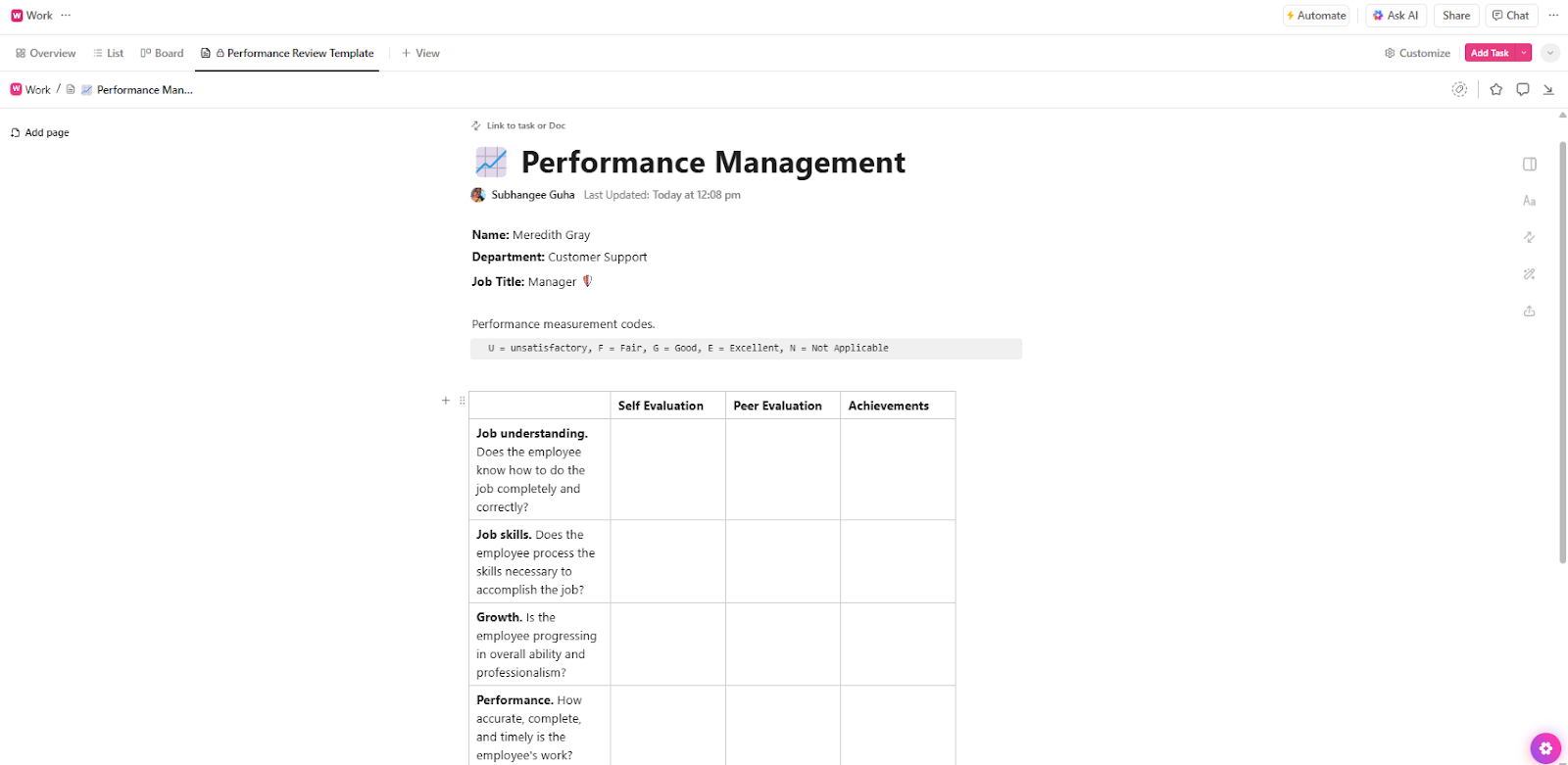 ClickUp Performance Review Document Template