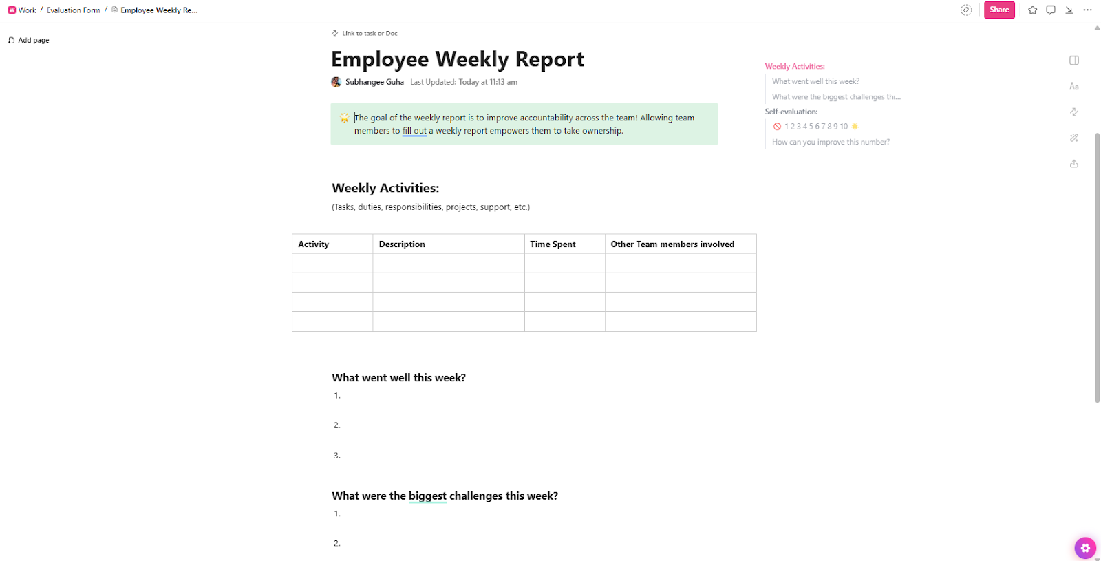 ClickUp Employee Weekly Report Template