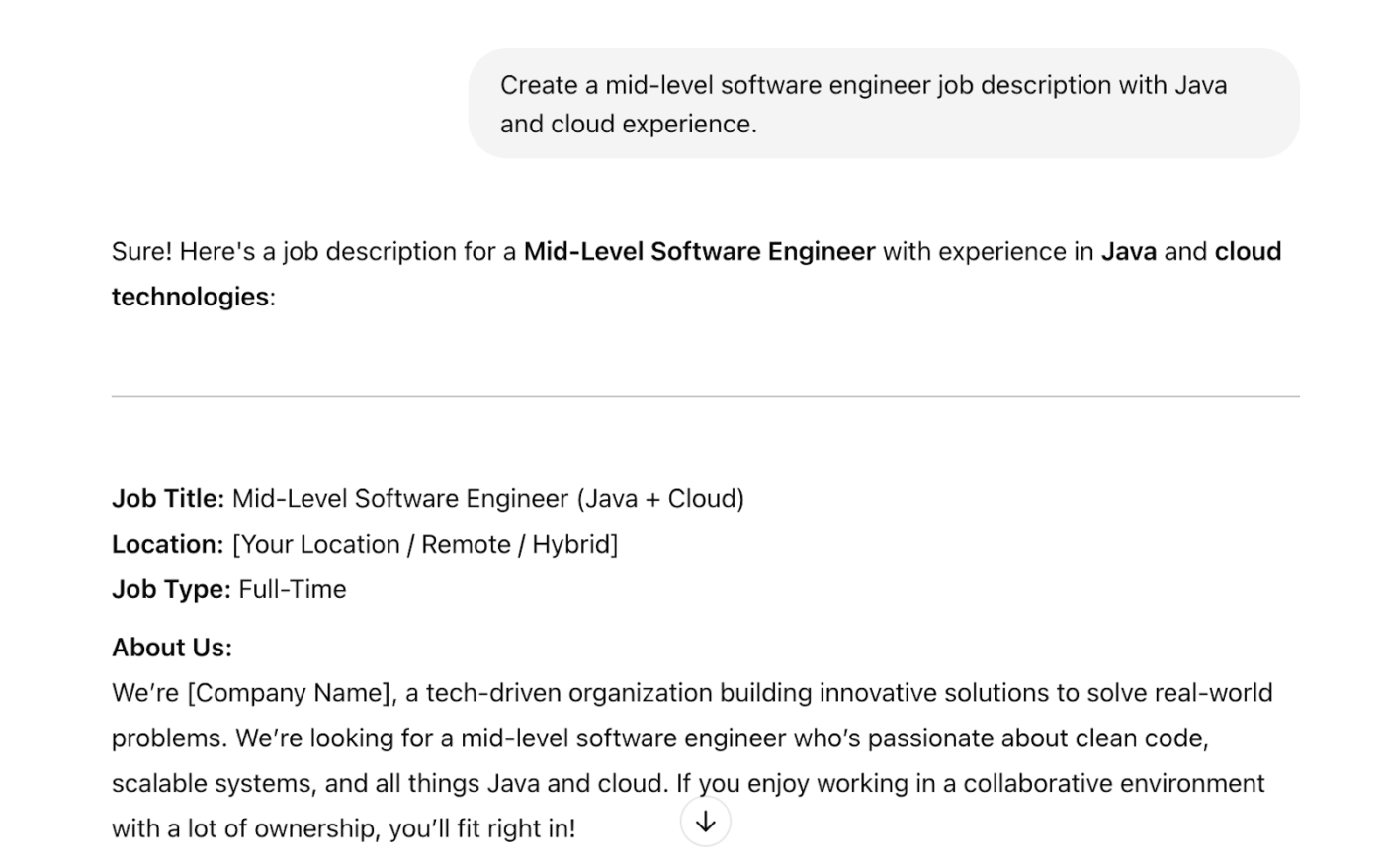 Descrizione del lavoro di ingegnere software di livello intermedio con esperienza in Java e cloud Prompt