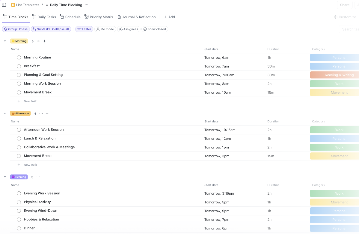 Easily keep track of your time using the ClickUp Daily Time Blocking template