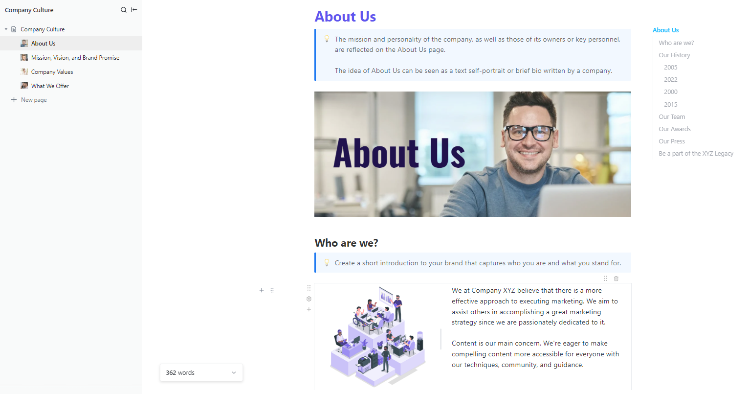 Document the company cultural code using the ClickUp Company Culture Template
