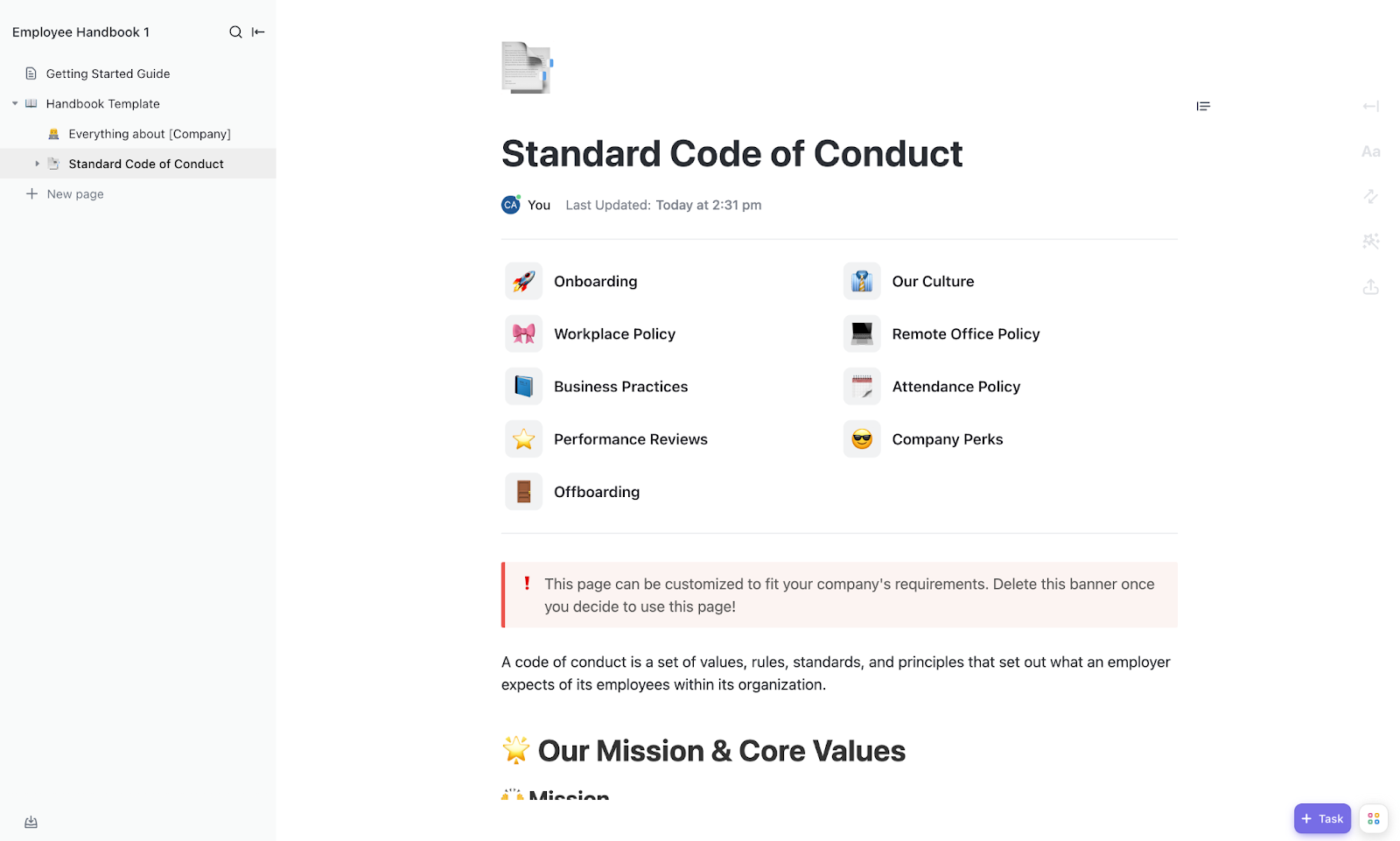 Embed videos, forms, and onboarding resources within the ClickUp Employee Handbook (Advanced) Template 