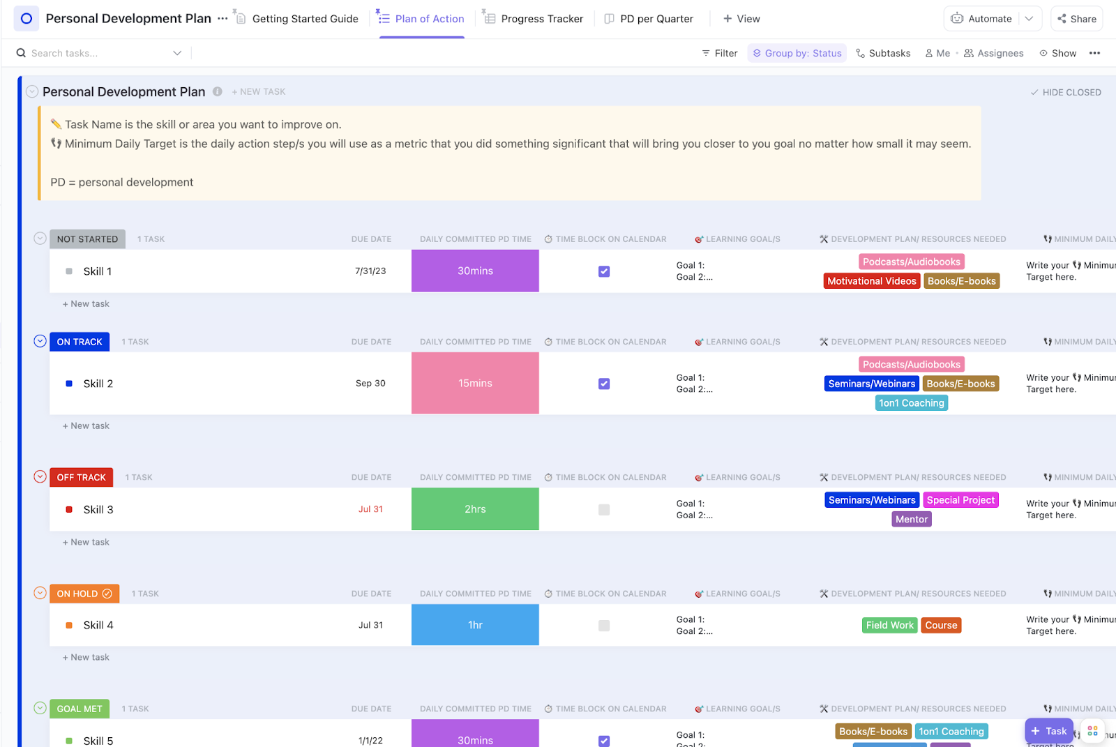 Link learning resources and internal coaching programs within the ClickUp Personal Development Plan Template 