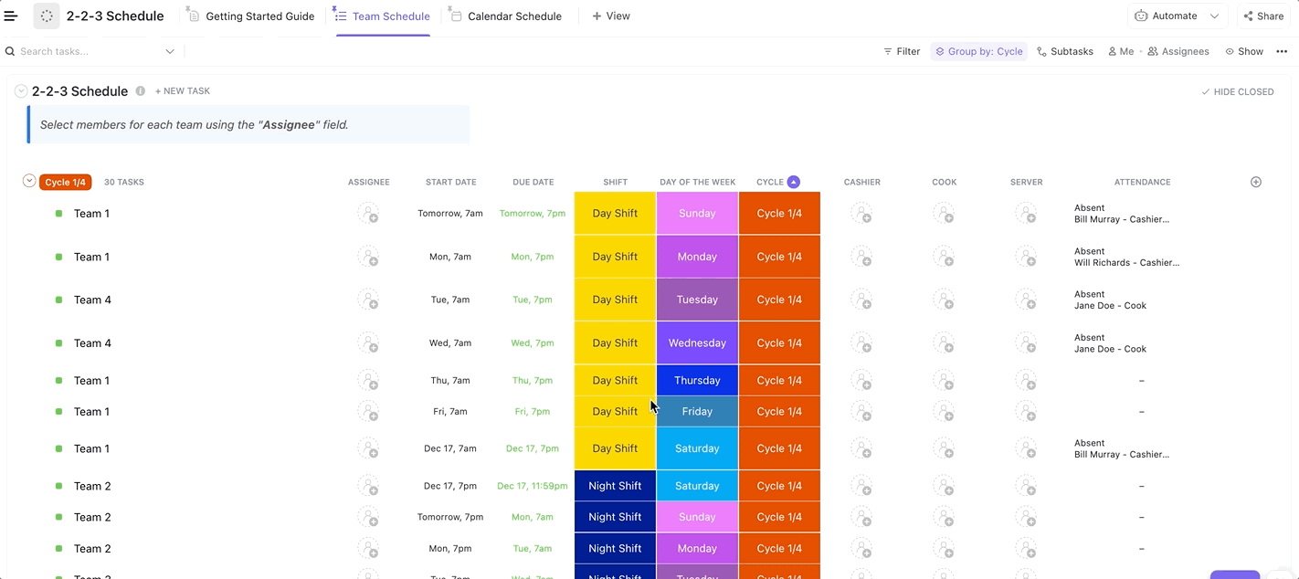Plan smarter shoot weeks—use the ClickUp 2-2-3 Schedule Template to balance shifts, avoid burnout, and keep your crew rolling