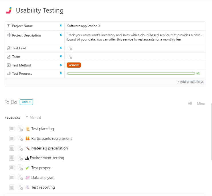ClickUp Usability Testing Plan Template