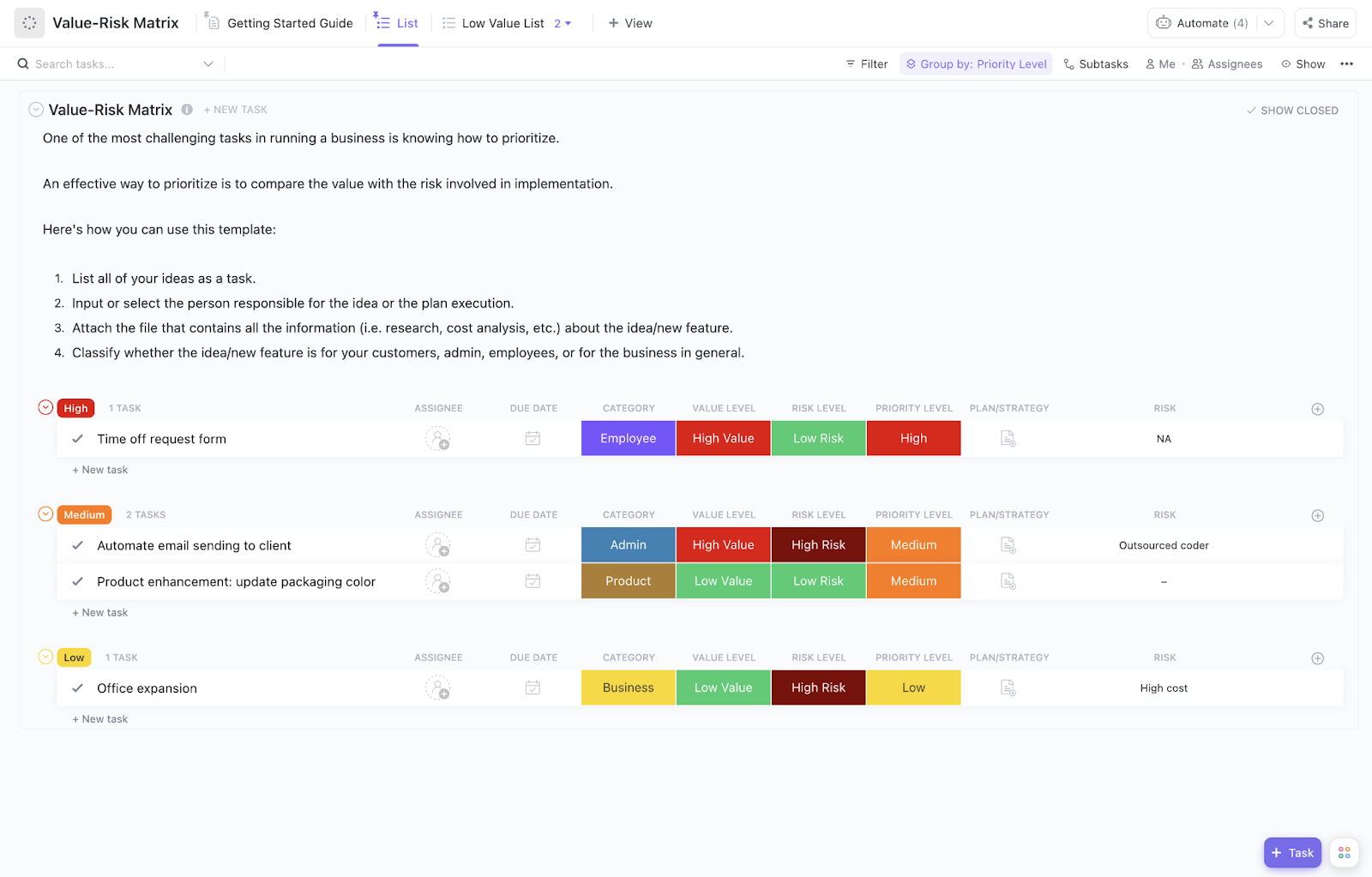 ClickUp  Value Risk Matrix Template