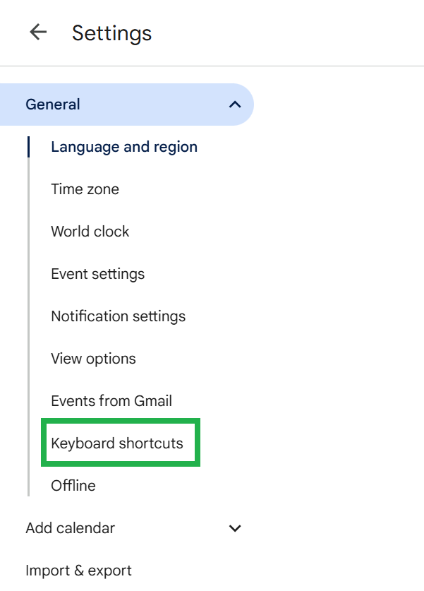 Keyboard shortcuts section