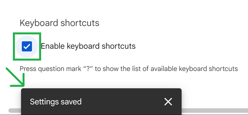 Settings saved pop-up
