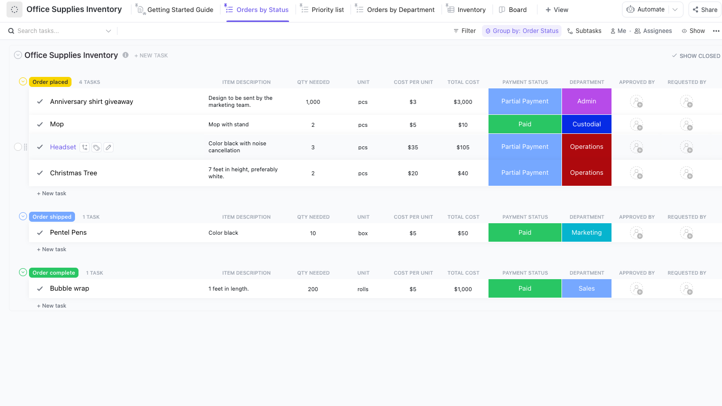 Track supply status instantly with the ClickUp Office Supplies Inventory Template