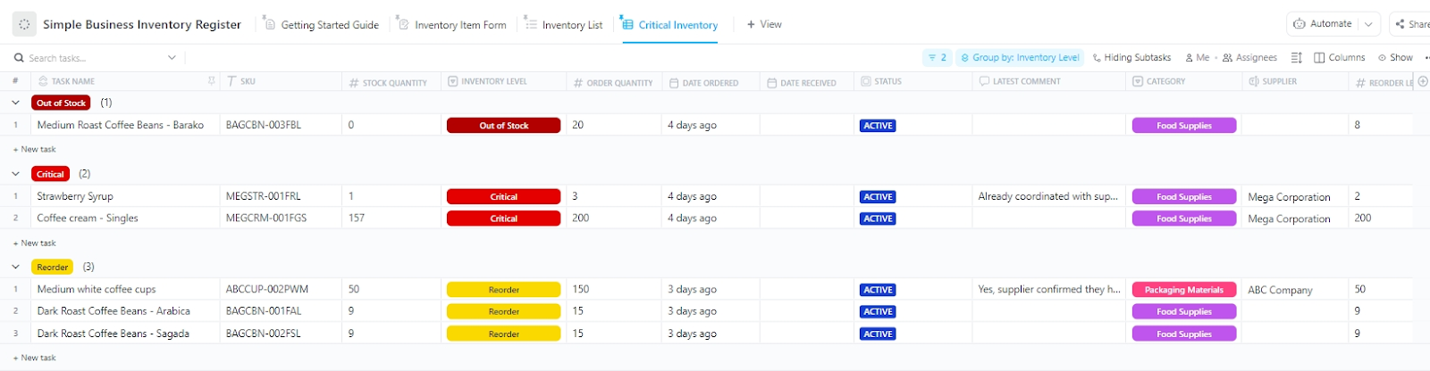 Track stock status with the ClickUp Simple Business Inventory Register Template