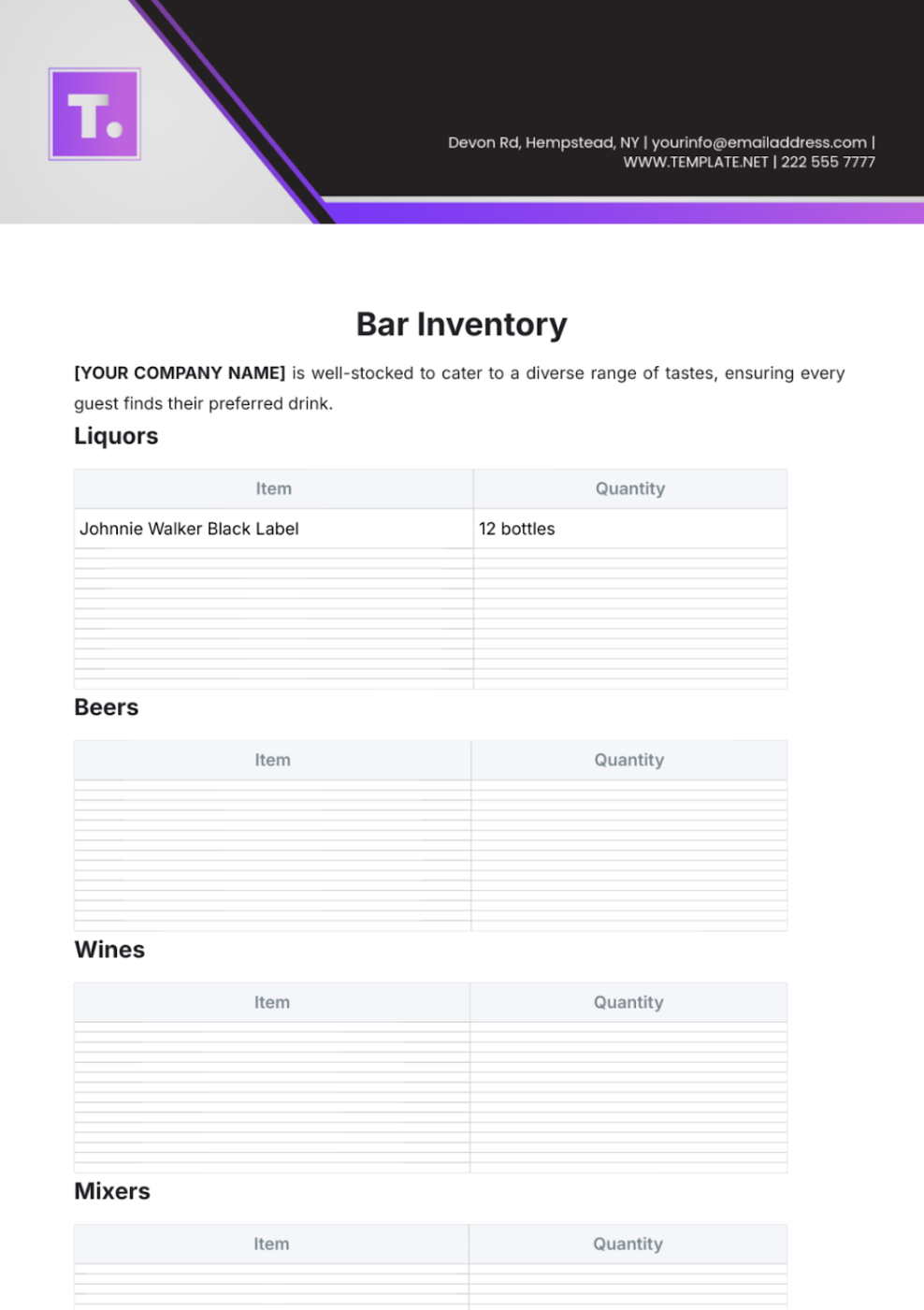 Bar Inventory Template by Template.Net