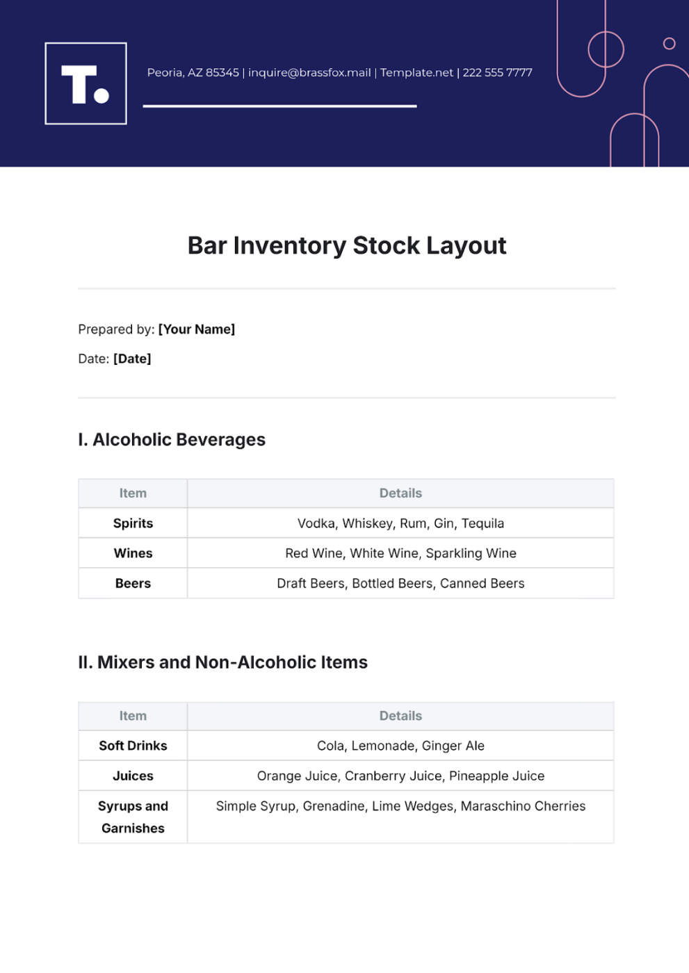 Bar Inventory Stock Layout Template by Template.Net
