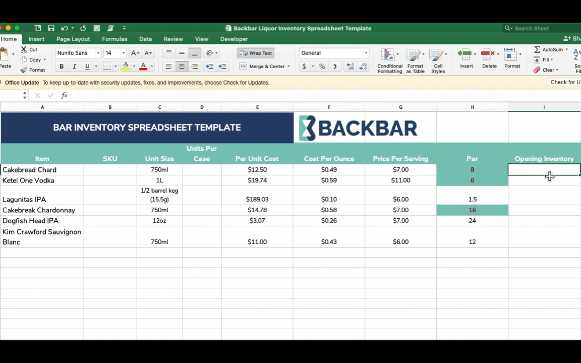 Bar Inventory Spreadsheet Template by Backbar