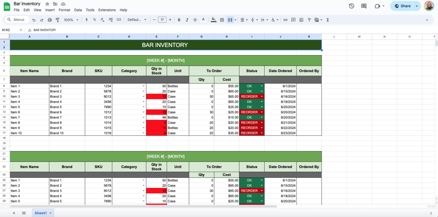 Spreadsheet Bar Inventory Template by File Drop