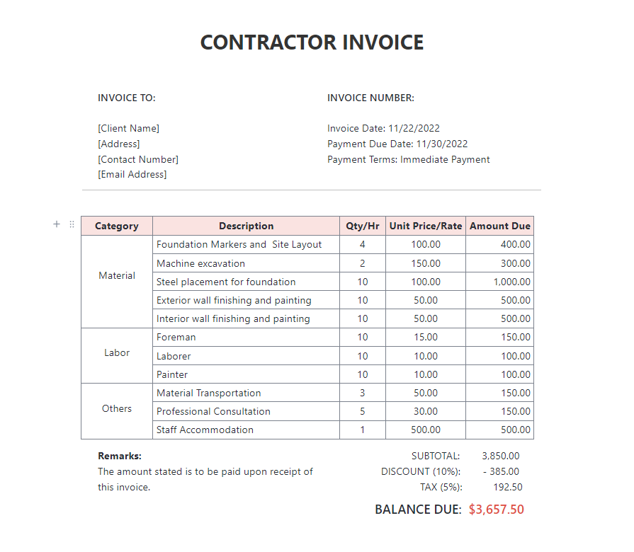 Plantilla de factura para contratistas de ClickUp