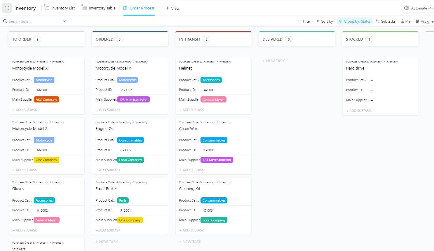 Manage stock levels and supply chain efficiency with the ClickUp Purchase Order and Inventory Template
