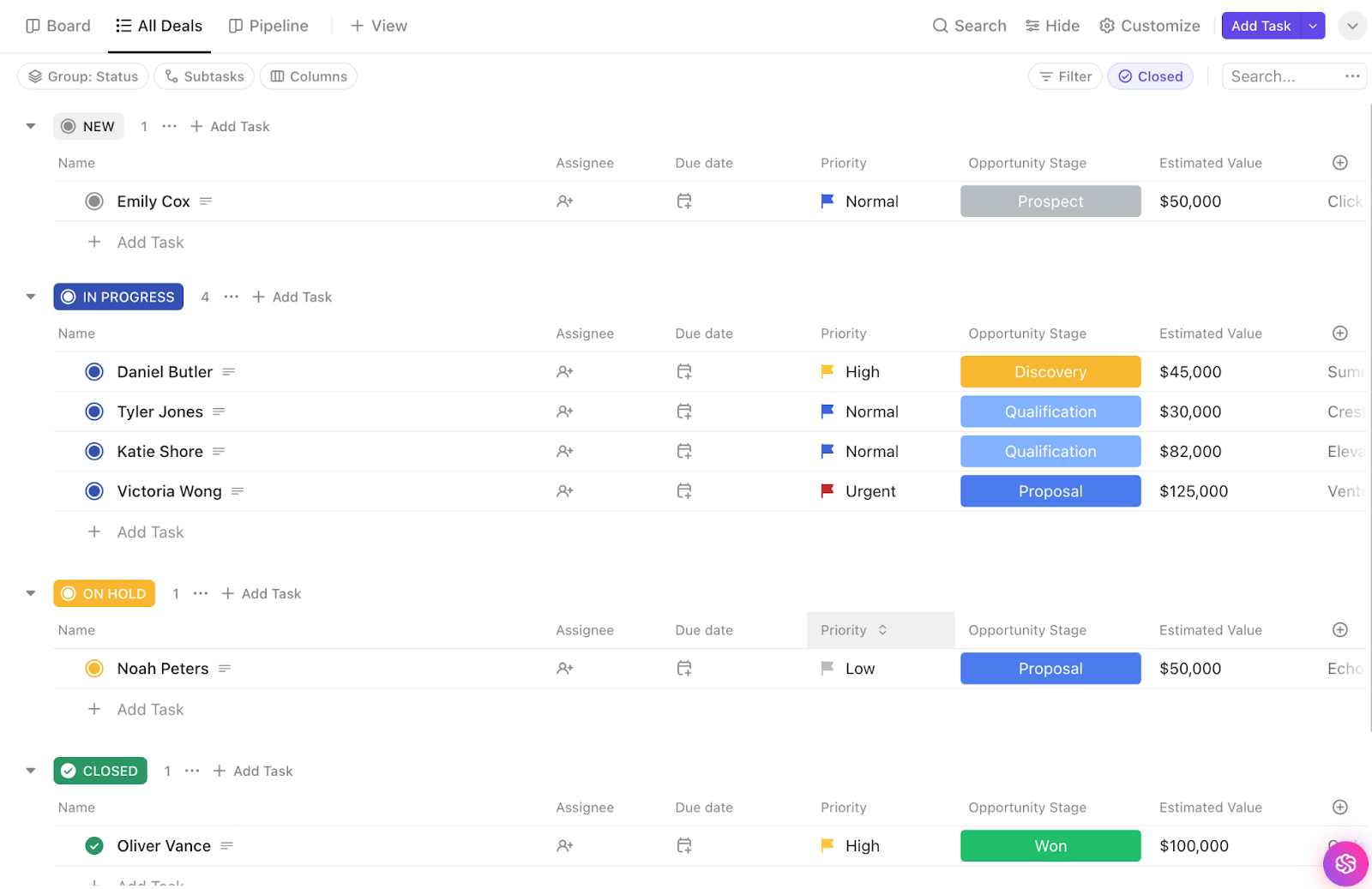 Manage leads and personalize customer follow-ups with the ClickUp Simple CRM Template