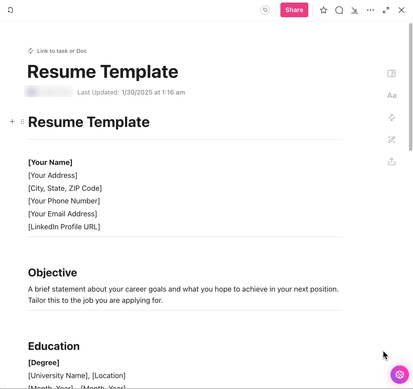 Craft a visually compelling resume that encapsulates your professional story with the ClickUp Resume Template