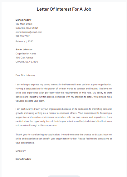 Letter of Interest for a Job Template by Template.Net
