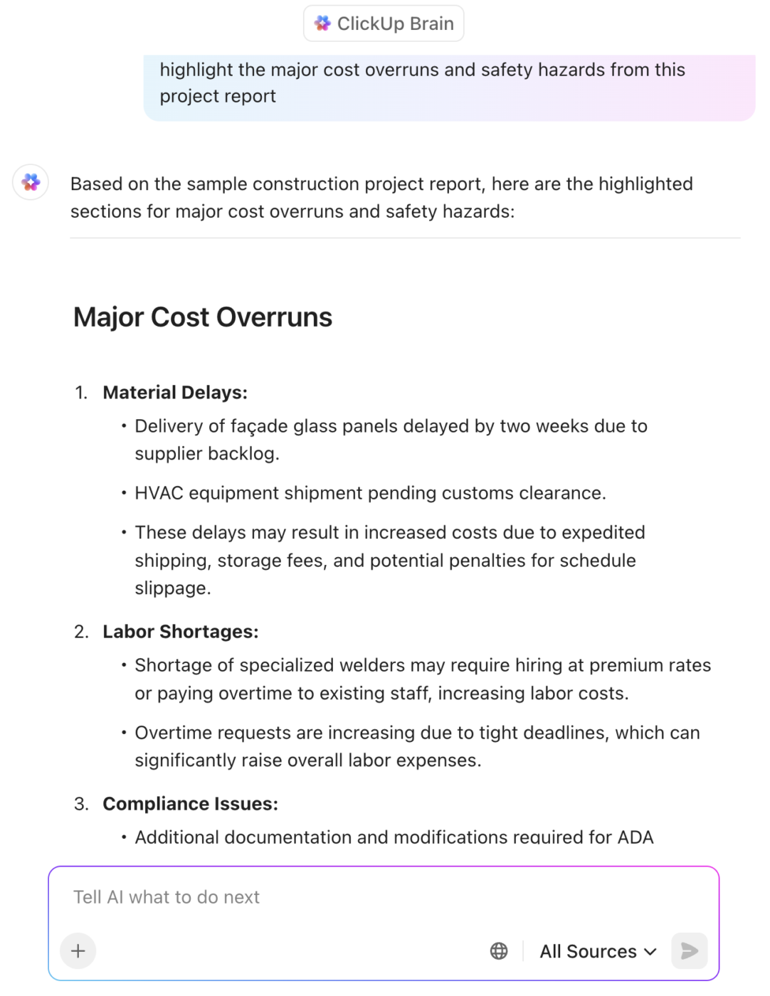 generative ai in construction: ClickUp Brain to flag construction project risks 