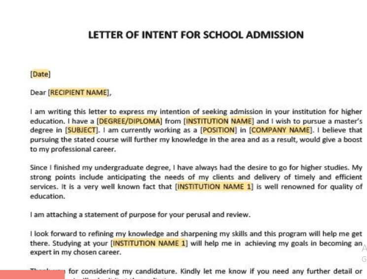 Letter of Intent for School Admission by Template.Net