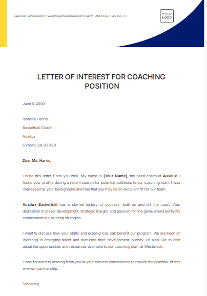Letter of Interest for Coaching Position by Template.Net