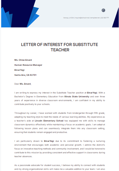 Letter of Interest for Substitute Teacher by Template.Net