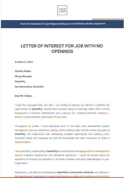 Letter of Interest for Job with No Openings by Template.Net