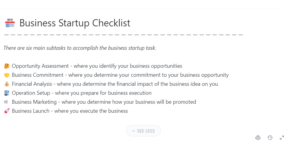 ClickUp Business Startup Checklist Template