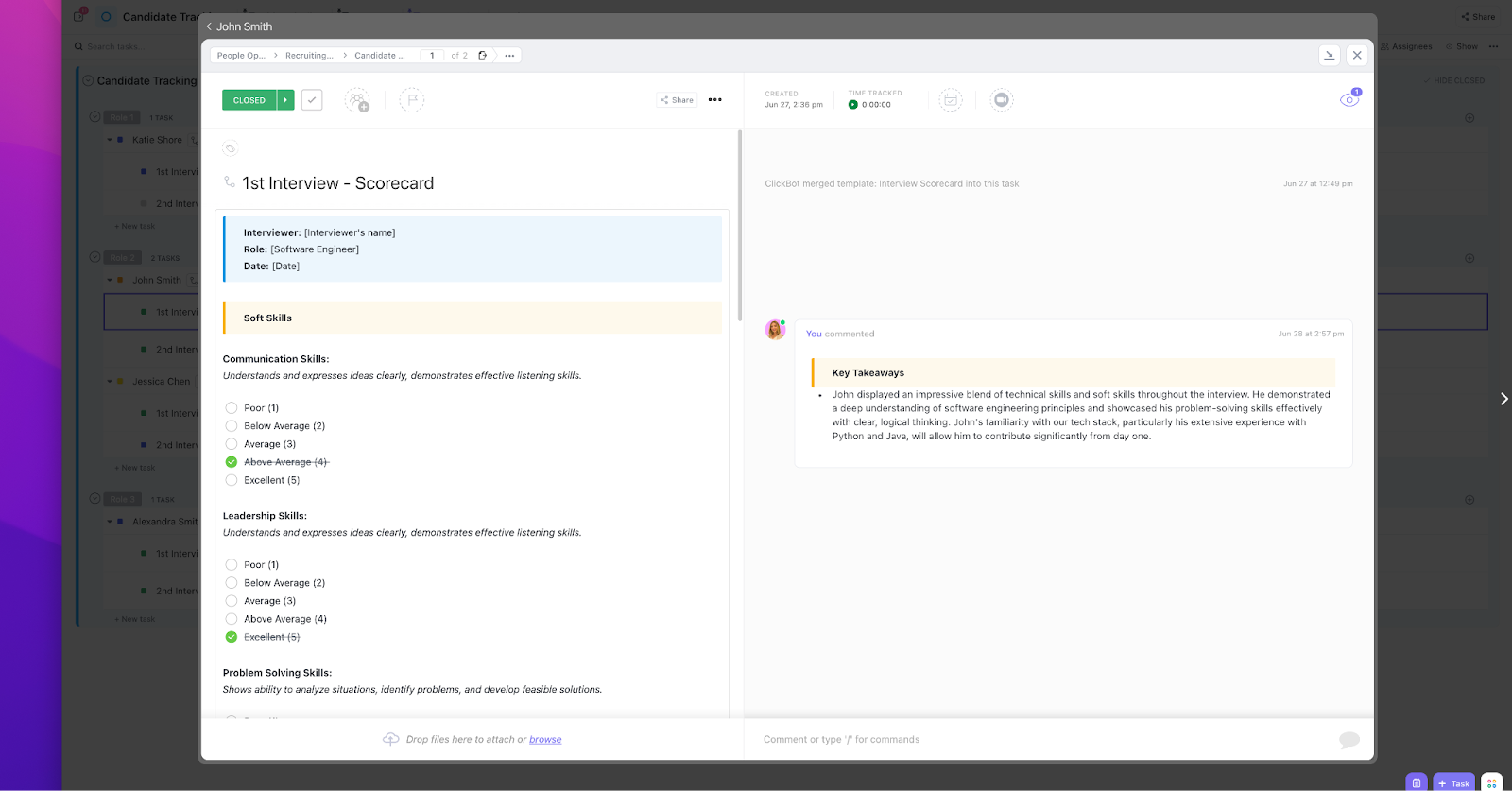 Access candidate scorecards and organize recruitment tasks with the ClickUp Recruitment and Hiring Template