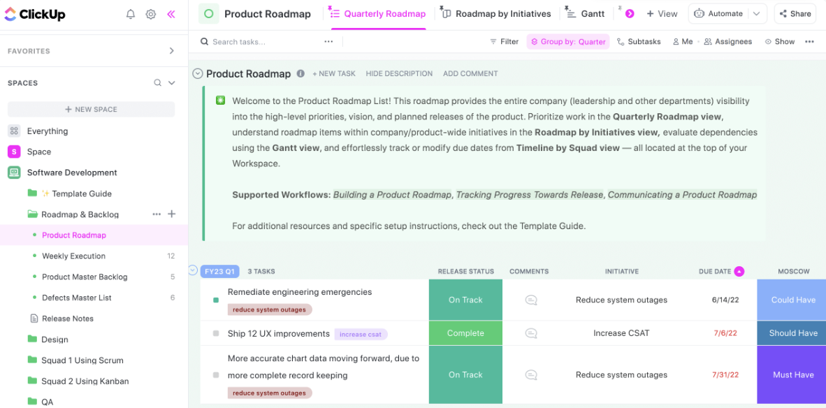 Streamline your entire software development process with the ClickUp Software Development Template