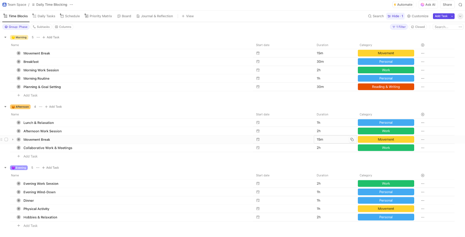ClickUp Daily Time Blocking Template