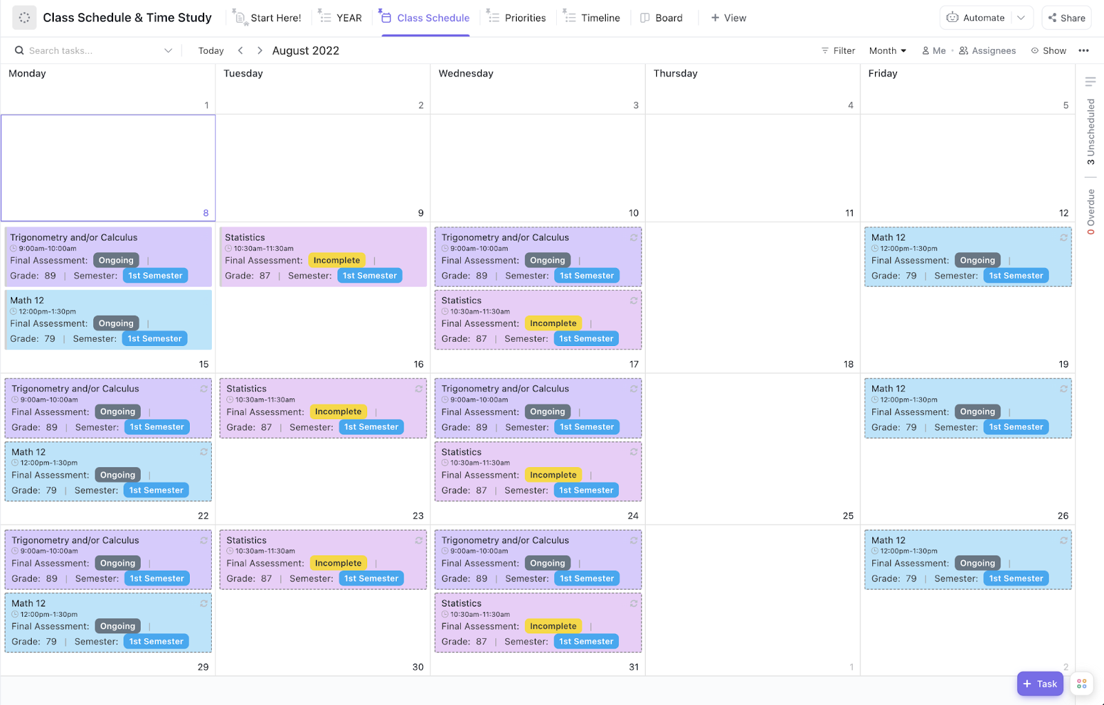 ClickUp Class Schedule and Time Study Template