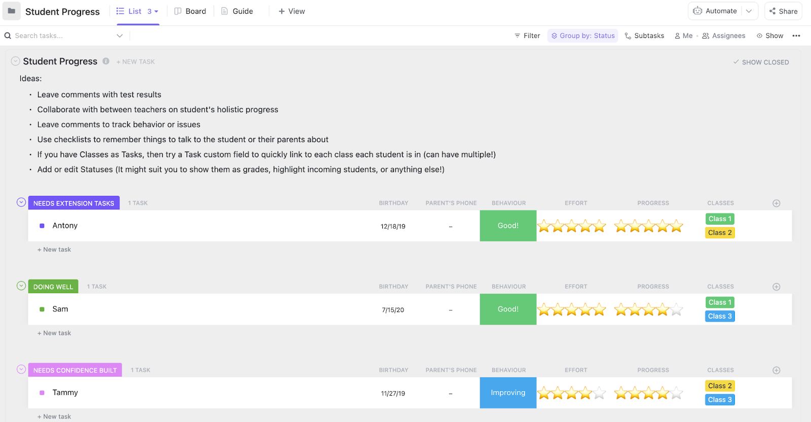 ClickUp Student Progress Template