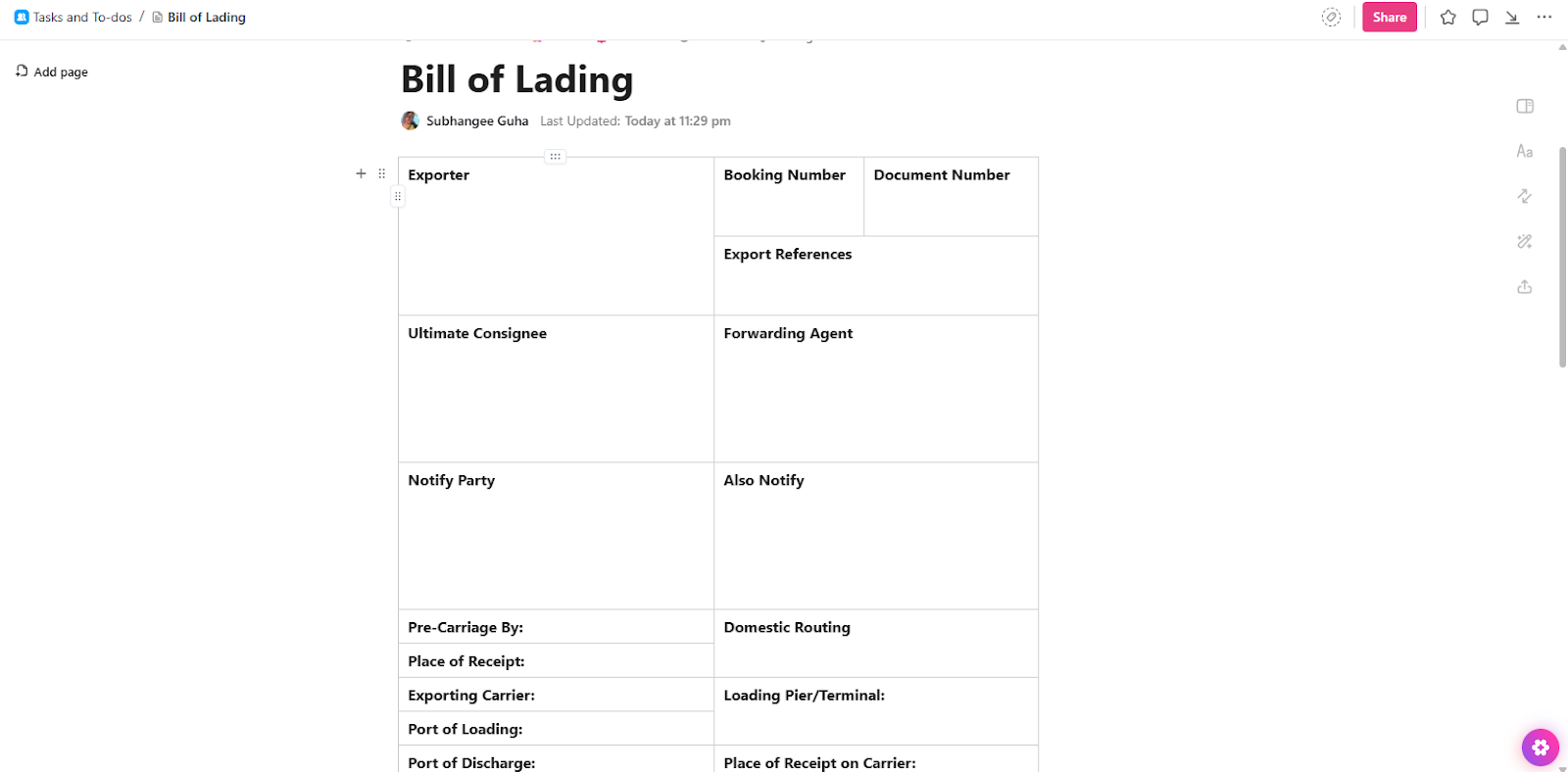 ClickUp Bill of Lading Template