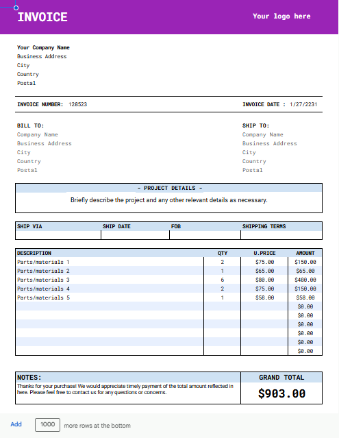 Excel / Google Sheets Shipping Invoice Template