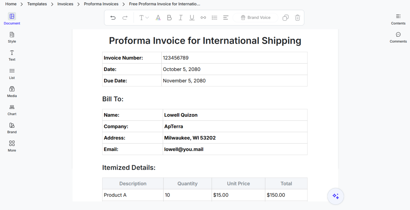 Proforma Invoice for International Shipping